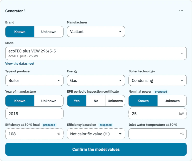 Heat generator in CertiQuick: Vaillant boiler from the catalogue and the values its model proposes