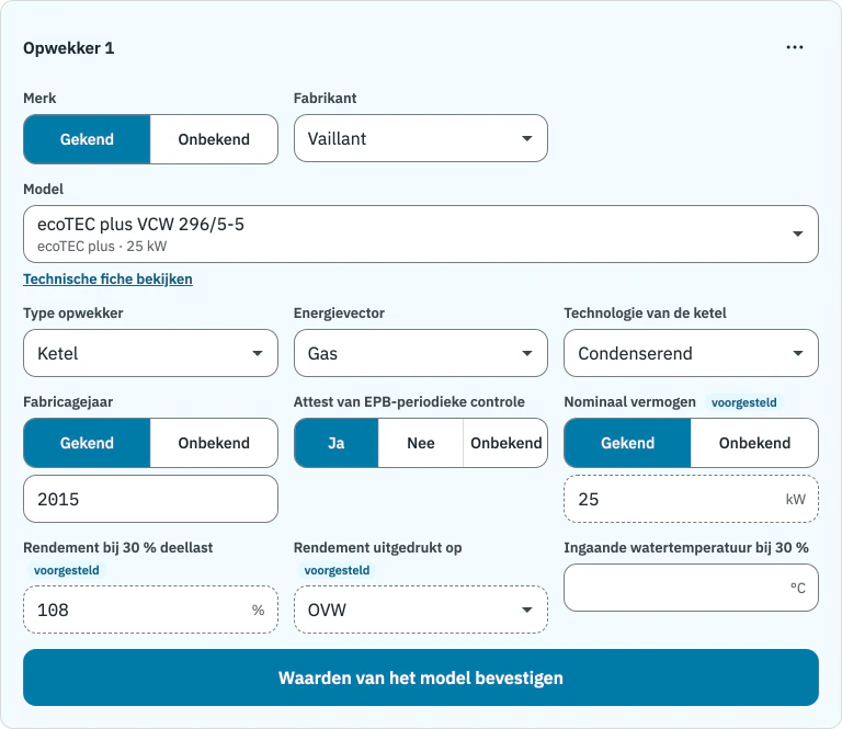 Warmteopwekker in CertiQuick: Vaillant-ketel uit de catalogus en de waarden die het model voorstelt