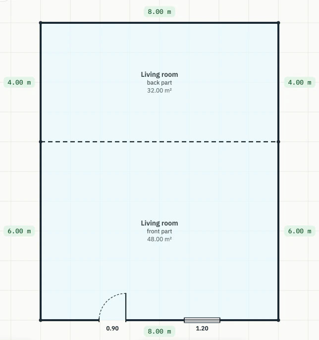 Ground floor plan in CertiQuick: dimensions, a cut into front and back parts, areas, door and window