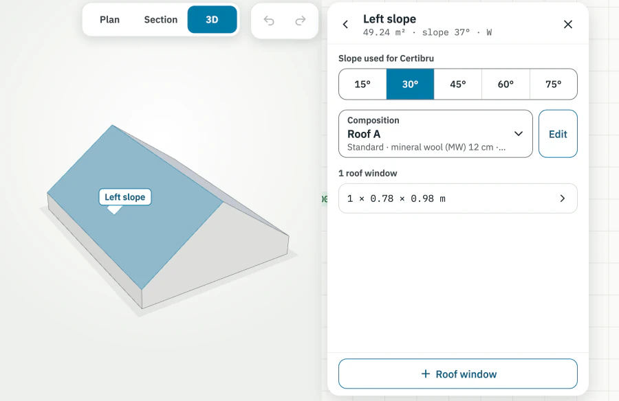 3D roof in CertiQuick, left slope selected: pitch kept, composition and roof window