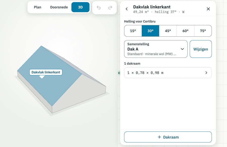 Dak in 3D in CertiQuick, linkerdakvlak geselecteerd: gekozen helling, samenstelling en dakraam