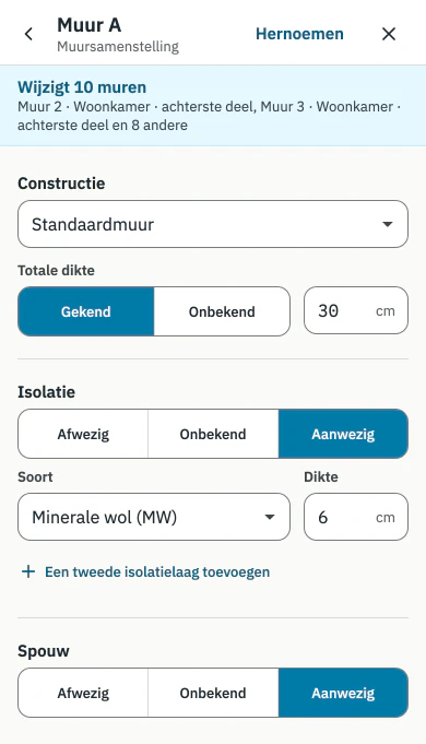 Samenstelling van een muur in CertiQuick: constructie, dikte, isolatie en luchtspouw