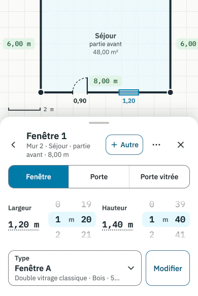 Fiche d’une fenêtre dans CertiQuick : largeur et hauteur sur les molettes, type de fenêtre