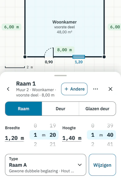 Fiche van een raam in CertiQuick: breedte en hoogte op de draaiwielen, type raam